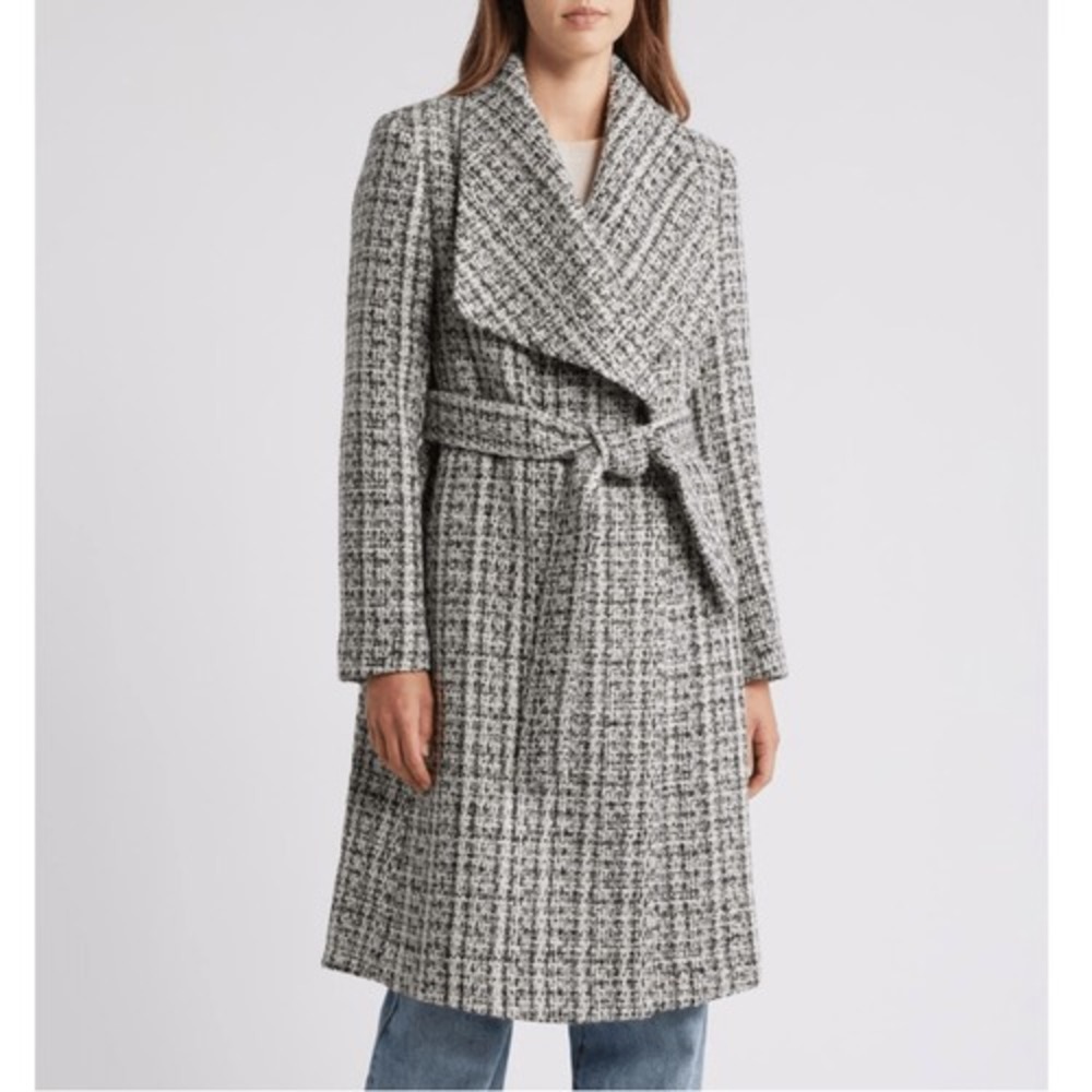 Sam Edelman Tweed Drape Lapel Wrap Coat, Natural Tweed, Black Gray Size 8, NWT - Picture 1 of 15